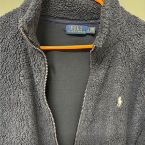 RL Polo Vintage Blue and Red Sherpa Jacket with  Collar and Zipper Closure